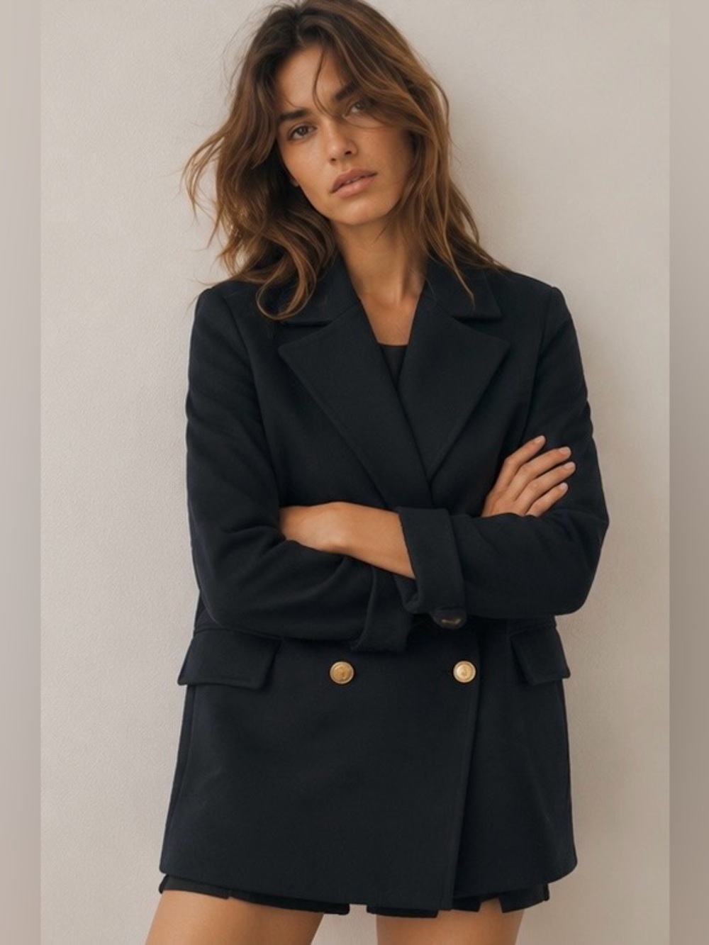 Zara Navy Double-Breasted Pea Coat with Gold Buttons